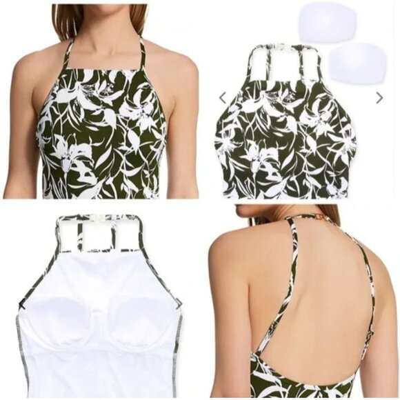 Ralph Lauren Womens Tropic Monotone High-Neck Swimsuit Halter Olive/White Sz 14 - Picture 6 of 10